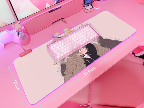 JMIYAV Pink RGB Gaming Mouse Pad 31.5x12 Inch PC XL Large Extended Glowing Led Light Up Desk Pad Non-Slip Rubber Base Computer Cute Mousepad Mat Desk Accessories Gaming Setup Fuzzy Shelter - color: Fuzzy Shelter