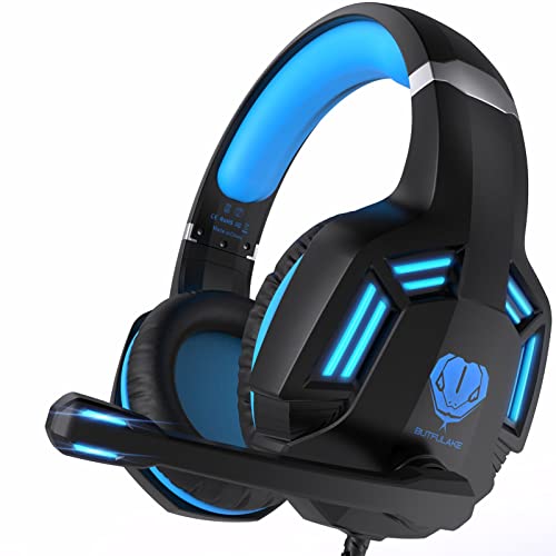 Gaming Headset for PS4, PC, Xbox One, PS5, for Nintendo Switch, Wired Over Ear Headphones with Stereo Surround Sound, Noise-Cancelling Microphone, LED Lights for Kids Adults, Black Blue