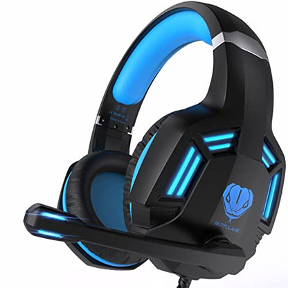 Gaming Headset for PS4, PC, Xbox One, PS5, for Nintendo Switch, Wired Over Ear Headphones with Stereo Surround Sound, Noise-Cancelling Microphone, LED Lights for Kids Adults, Black Blue