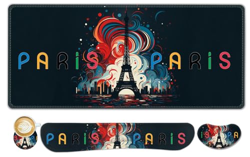 ToLuLu Extended Gaming Mouse Pad, Memory Foam Ergonomic Keyboard Mouse Wrist Rest Support Set, Large Desk Mat with Stitched Edges, Non-Slip Base Mousepad for Home Office and Game, Eiffel Tower Paris - color: Eiffel Tower Paris