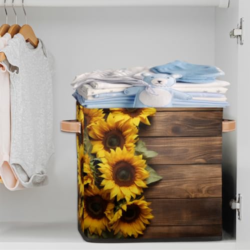 13x13 Inch Storage Basket Bin Sunflower On Wooden Board Polyester Cloth Storage Cube Box Toys Clothes Towels Organizer for Kids Room Bedroom Shelves Pantry