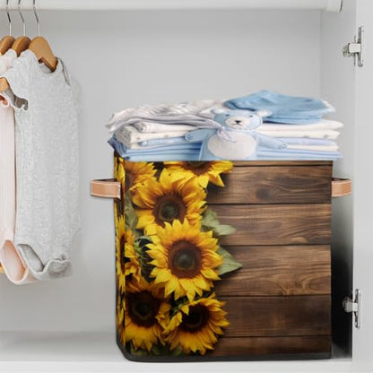 13x13 Inch Storage Basket Bin Sunflower On Wooden Board Polyester Cloth Storage Cube Box Toys Clothes Towels Organizer for Kids Room Bedroom Shelves Pantry