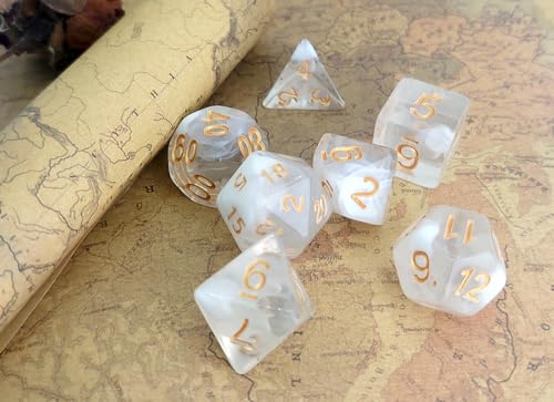 White Smoke DND Dice Set of 7pcs (Ivory-Gold) | Transparent Acrylic Polyhedral Dice Set for D&D, TTRPGs, Dungeons and Dragons, MTG, Table Games – D20 System Games - color: Ivory & Gold