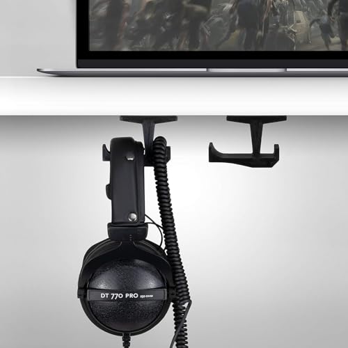Headphone Stand (2 Pack) Under Desk Hanger for Headphones, Gaming Headsets, Mobiles Accessories, Stick On, No Screws, Black