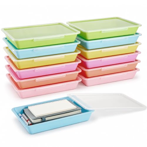 12 Pack Flat Storage Paper Tray with Clear Latching Lid Letter Size Organizer Bin Tray Plastic Latching File Organizer for Classroom Library School Office Teacher Desktop Book Organization (Pastel) - color: Pastel