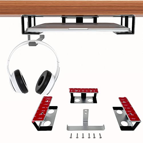IFCASE Under Desk Laptop Mount & Headphone Holder with Adhesive & Screw, Hard Aluminum Under Table Desk Holder for Laptop, Mac mini, MacBook Pro (Silver) - color: Silver