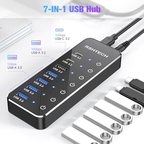 RSHTECH 7-Port Powered USB 3.2/USB C Hub with 10Gbps USB-A 3.2, 2 USB-C 3.2, 4 USB 3.0 Ports, Individual Touch Switches, 3.3ft Cable and 5V Power Adapter, USB Hub Splitter for Laptop/PC, RSH-ST07C - size: 7-Port Powered USB Hub