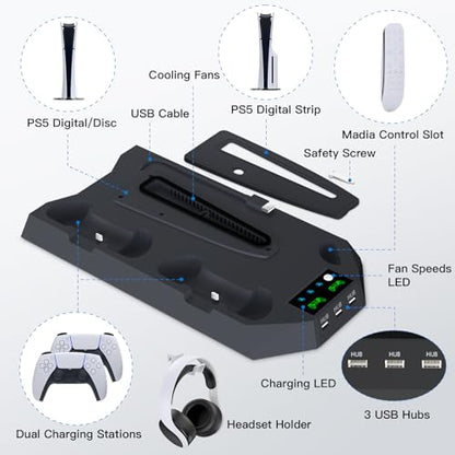 PS 5 Cooling Station, PS 5/Slim/Pro Stand with Dual Charging Station for ps 5, PS 5 Accessories Kits, Vertical Stand with 3 Levels Cooling Fan, Headset Holder for Ps 5 Digital/Disc - color: Black-1