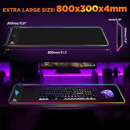 Gimars RGB Gaming Mouse Pad,15W Wireless Charging Mousepad with 10 Light Modes, Large Mousepad with Premium Smooth Surface, Non-Slip Mouse Mat for Gaming, Desk, PC,Office, 31.5x11.8x0.16inch - color: Black-RGB+Wireles Charging
