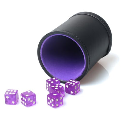 PU Leather Dice Cup Set, Purple Velvet Interior Dice Cup Shaker Quiet with 6 Purple Translucent Dice for Liars Dice/Farkle/Yahtzee Games, 1 Pack - color: Purple B