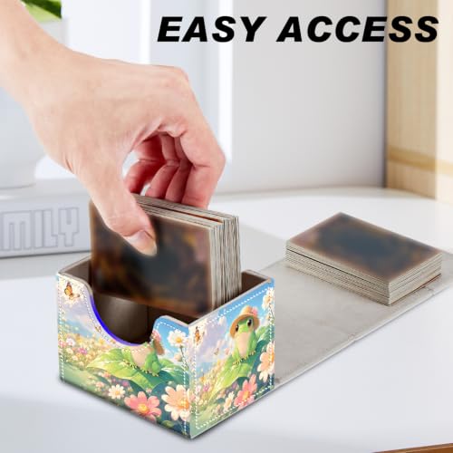 Magnetic Closure TCG Deck Box Portable Card Holder Trading Card Deck Box | PU Leather Collectible Card Case Game Trading Card Deck Box Storage Scratch Resistant Lining, Cute Green Frog Daisy Flower - color: Cute Green Frog Daisy Flower