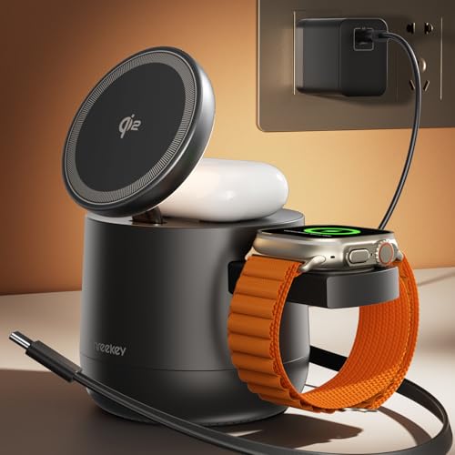 THREEKEY 4 in 1 Qi2 Magnetic Wireless Charging Station, 15W Fast Charger with Made for Apple Watch Charging Module, for iPhone 17–12 Series & AirPods, 65W Adapter Included - color: Black