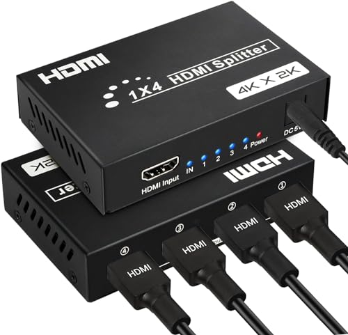 HDMI Splitter 1 in 4 Out, 4 Ports HDMI Splitter 4K@30Hz with Power Adapter, 1x4 HDMI Distributor Up to 100ft Long Distance Transmission, Support EDID 3D HD Distributor for PS4 Xbox Fire Stick HDTV