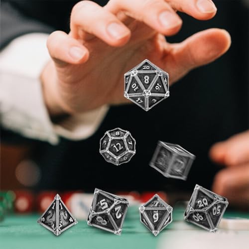 Metal Dice Set, Fly Dragon Pattern, 7pcs Polyhedral Metal DND Dice Set, DND Starter Set, D&D Gifts with Gift Box, Role Playing Board Games Accessories, Silver ﻿ ﻿ - color: Silver