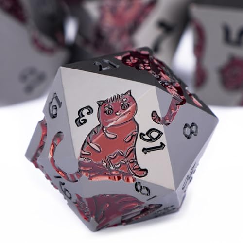 Metal DND Cat Dice 7PCS Polyhedral RPG Dice Set with Gift Case for Dungeons Dragons Role Playing Game, D and D Dice D6 D8 D10 D12 D20 D% (Grey Red) - color: Cat-grey Red