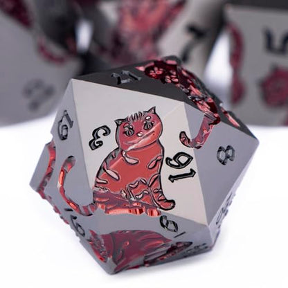 Metal DND Cat Dice 7PCS Polyhedral RPG Dice Set with Gift Case for Dungeons Dragons Role Playing Game, D and D Dice D6 D8 D10 D12 D20 D% (Grey Red) - color: Cat-grey Red
