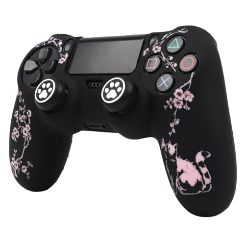 Cat Among Blossoming Branches Design Controller Skin Cover with 2 Thumb Grips Compatible with PS4/Playstation 4 Slim/Pro Controller - color: Cat Black Pink