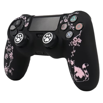 Cat Among Blossoming Branches Design Controller Skin Cover with 2 Thumb Grips Compatible with PS4/Playstation 4 Slim/Pro Controller - color: Cat Black Pink