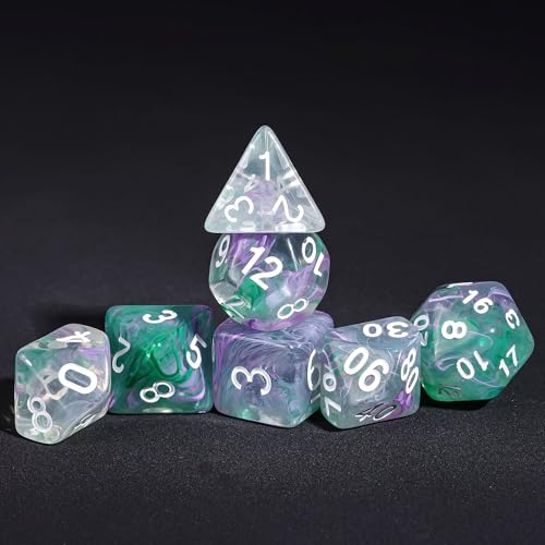 7-Die DND Dice Set Polyhedral Dice Set with a Leather Dice Bag, D&D Dice Set for RPG Table Games (Transparent Green Mix Purple) - color: Green Mix Purple