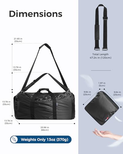 pack all 65L Foldable Travel Duffel Bag, Shoe Compartment Weekender Bag | Ultralight, Packable, Water Resistant, Tear Resistant Nylon, Detachable Strap, Luggage Sleeve, For Travel, Camping, Black - color: Black, size: 65L