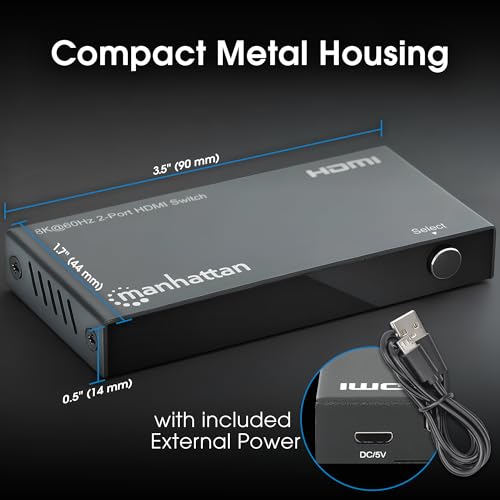 Manhattan HDMI 2.1 8K@60Hz 2 Port HDMI Switch -HDMI Switcher 2 in 1 Out with IR Remote, 8K 48Gbps, 4K@120Hz, Auto Selector Hub Support-3 Yr Mfrg Warranty-207942