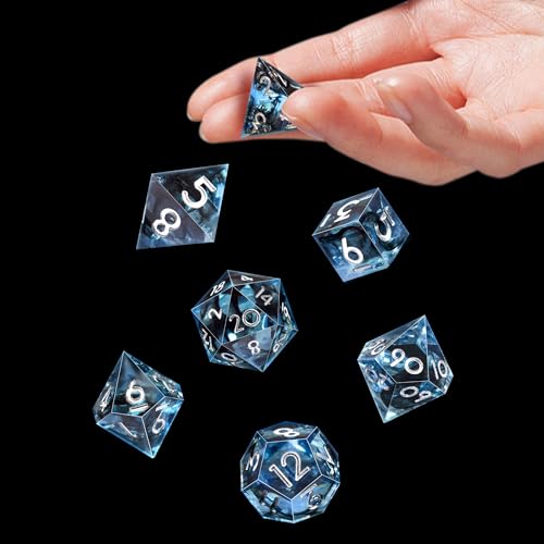 AUSTOR 7-Die DND Dice Set Handmade Sharp Edge Polyhedral Dice for Dungeons and Dragons D&D RPG MTG Table Games (Blue & Black, Silver) - color: Blue & Black，silver