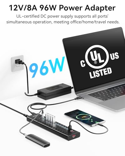 AGEEN 16-Port Powered USB 3.2 Hub-10Gbps SuperSpeed Data Splitter with 2 USB-C & 11 USB-A Ports, 3 x 24W QC 3.0 Fast Charging Ports, Individual On/Off Switches, 96W Power Adapter for Laptop, PC