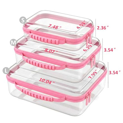Clear Hard Shell Organizer Cases, 3 Pack with Handle | Durable PET shell with water-resistant, scratch-resistant surface for travel, toiletries, electronics and toys - color: Pink1