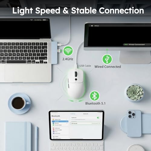 RK ROYAL KLUDGE MO1 Wireless Mouse, 55g Ultra-Lightweight Computer Mice, 6 Programmable Buttons, 2.4GHz/Bluetooth/Wired, 6000 DPI Optical Sensor, White - color: White