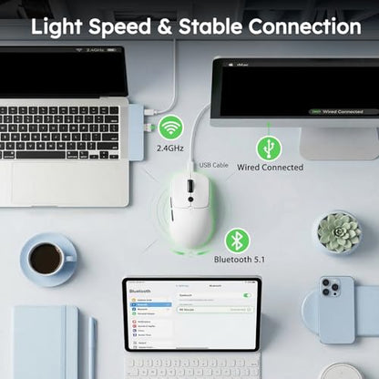 RK ROYAL KLUDGE MO1 Wireless Mouse, 55g Ultra-Lightweight Computer Mice, 6 Programmable Buttons, 2.4GHz/Bluetooth/Wired, 6000 DPI Optical Sensor, White - color: White