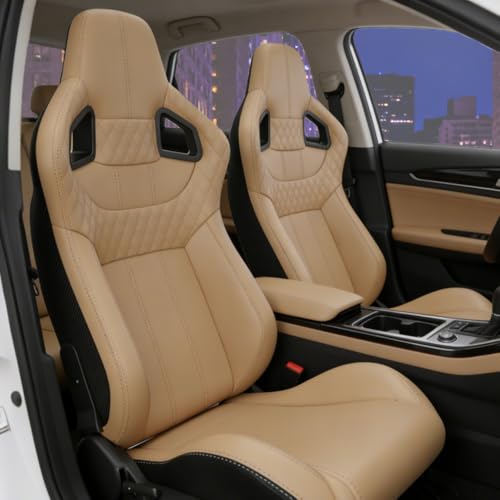 2 Pcs Adjustable Universal Racing Seats with Double Sliders, Reclinable Bucket Seats, 1 Pair of Sport Seats for Vehicles (Beige-B) - color: Beige-B