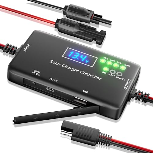 SUNAPEX Solar Charge Controller 12V 20A for LiFePO4 AGM Gel Batteries | Type-C & USB Output | LCD Voltage & Current Display | LED Charging Status | Smart Battery Protection | Zero Battery Drain - style: 20A PWM