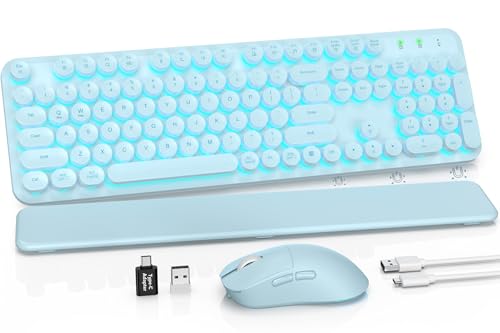 Wireless Keyboard and Mouse Combo, Backlit Round Keycaps, Retro Typewriter Keyboard with Detachable Wrist Rest, Rechargeable & Tilt Legs, 2.4GHz Cordless Connection for Windows/PC (Glowing Blue) | Rechargeable & Tilt Legs, Full-Size Typewriter-Style, Auto