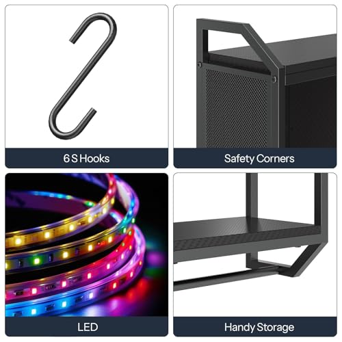 HOOBRO Gaming Floating Shelves with LED Lights, 28.7" LED Wall Mounted Shelf, 3-Tier Display Rack for Wall Storage, Floating Rack with Hanging Rod and 6 S-Hooks, for Gaming Room, Black BB70DBJ01 - color: Black