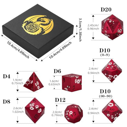Metal Dice Set, Flat Face Red Plum Blossom Pattern, 7pcs Polyhedral Metal DND Dice Set, DND Starter Set, D&D Gifts with Gift Box, Role Playing Board Games Accessories, Red - color: Red With Gift Box
