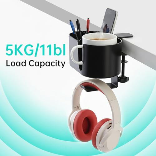 4-in-1 Desk Organizer Cup Holder Clamp-on Under Desk Office Home Storage | Carbon steel hook holds 11lb.Detachable storage box.Frees up desk space.Holds cup/headset/bag/phone/pen/stationery.No tools.