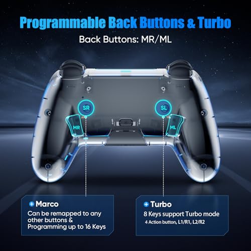 BETMI Wireless Controller for PS5, Pro/Slim/MAC/Steam Deck/PC, Hall Effect Joystick, Dual Vibration/Macro/Turbo, 3.5mm Jack, 6-Axis, Mute Key, LED Gamepad with Speaker (4 Lighting Effects, 9 Light Colors) - color: Transparent Black