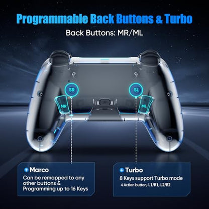 BETMI Wireless Controller for PS5, Pro/Slim/MAC/Steam Deck/PC, Hall Effect Joystick, Dual Vibration/Macro/Turbo, 3.5mm Jack, 6-Axis, Mute Key, LED Gamepad with Speaker (4 Lighting Effects, 9 Light Colors) - color: Transparent Black