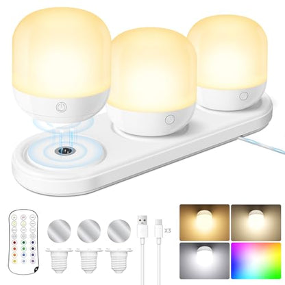 Rechargeable Battery Operated Light Bulb Set with Magnetic 3 in 1 Charging Station & Remote Control, Wireless Dimmable Detachable LED Bulb with 15 Colors Selectable for Wall Sconce, Non-Hardwired - size: 3 Pack