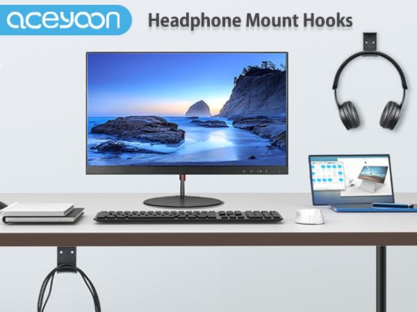 aceyoon Aluminum Alloy Headphone Stand 2 Pack Under Desk Mount Hook Adhesive or Screws Headset Hanger with Silicone Pad 5kg Load Capacity Silicone Gaming Headset USB Cables for Studio / Office / Home