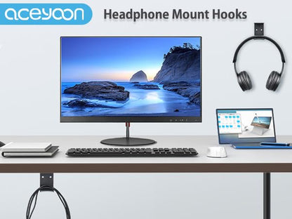 aceyoon Aluminum Alloy Headphone Stand 2 Pack Under Desk Mount Hook Adhesive or Screws Headset Hanger with Silicone Pad 5kg Load Capacity Silicone Gaming Headset USB Cables for Studio / Office / Home