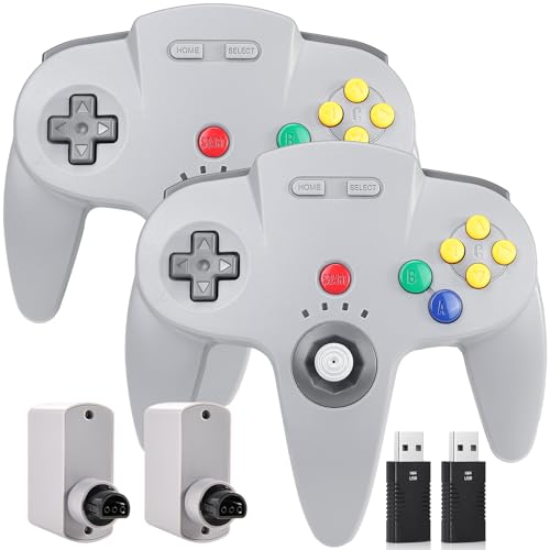 2 Pack Wireless N64 Controller Made for Switch 1 & 2, N64 Console, Gray | (Built-in Vibration) (Rechargeable) (3D Analog Stick), 2.4 GHz USB & N64 Receiver Made for Switch Online, Windows PC, macOS - color: Grey / Grey