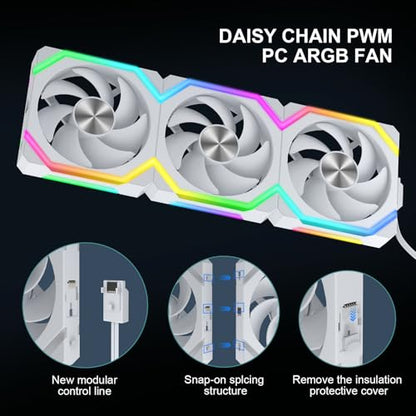 Iesooy ARGB Cooling Fan, 1800RPM 5V 3-PIN Cable, 120mm PWM PC Case Fan, ARGB Async/Sync Mode, Daisy Chain Modular Stackable, Silent for CPU Liquid Coolers （White, Forward, 3-Pack） - color: White