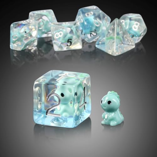 Dinosaur D&D Dice Set 7PCS Polyhedral Dice for Dungeons and Dragons, D&D RPG Resin Dice with Silver Numbers in Gift Velvet Bag for DND Players（Dinosaur