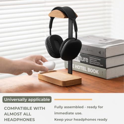 muso wood Oak Headphone Stand, Wood Headset Stand with Storage Base, Headphones Holder for Gaming, Office, and Home Desk - Compatible with AirPods Max, Bose, Razer (Oak Wood) - color: Oak wood