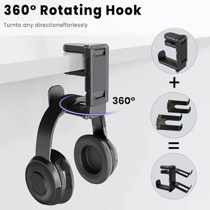 Rotating Headphone Stand with 360° Swivel - Adjustable Clamp-on Under Desk Headset Holder, Universal Gaming & Office Headphone Hanger (Black) - color: Black
