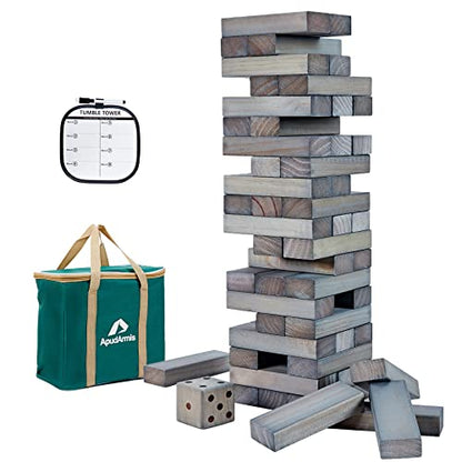 ApudArmis Giant Tumble Tower (Stack from 2Ft to Over 4.2Ft), 54 PCS Pine Wooden Stacking Timber Game with 1 Dice Set - Classic Block Giant Outdoor Game for Teens Adults Family (Gray) | Eco-safe natural pine. Smooth & anti-crack. Includes dice & carry bag.