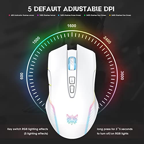 PHNIXGAM RGB Backlight Rechargeable Wireless Gaming Mouse for PC, White | Ergonomic mouse, up to 3600 DPI, 7 non-programmable buttons, works with Vista/Linux/Mac, 2.4G USB included