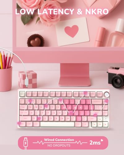 RK ROYAL KLUDGE R75 Mechanical Keyboard Wired with Volume Knob, 75% Keyboard Gasket Mounted, Hot Swappable, Creamy Sound, MDA Profile, PBT Keycaps, Pink - color: pink