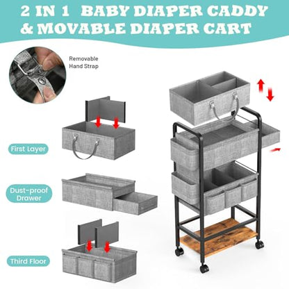 LIDTOP 2In1 Baby Diaper Caddy & 4-Tier Rolling Diaper Cart, Diaper Caddy Organizer Cart with Dividers & Drawer, Mobile Metal Bedside Cart for Nursery Essentials Storage, Large Capacity - color: Black(with Drawer)